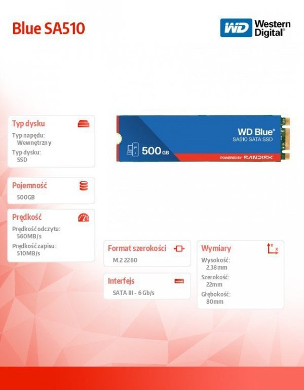 Western Digital Dysk SSD Blue SSD 500GB SA510 M.2 2280 WDS500G3B0B