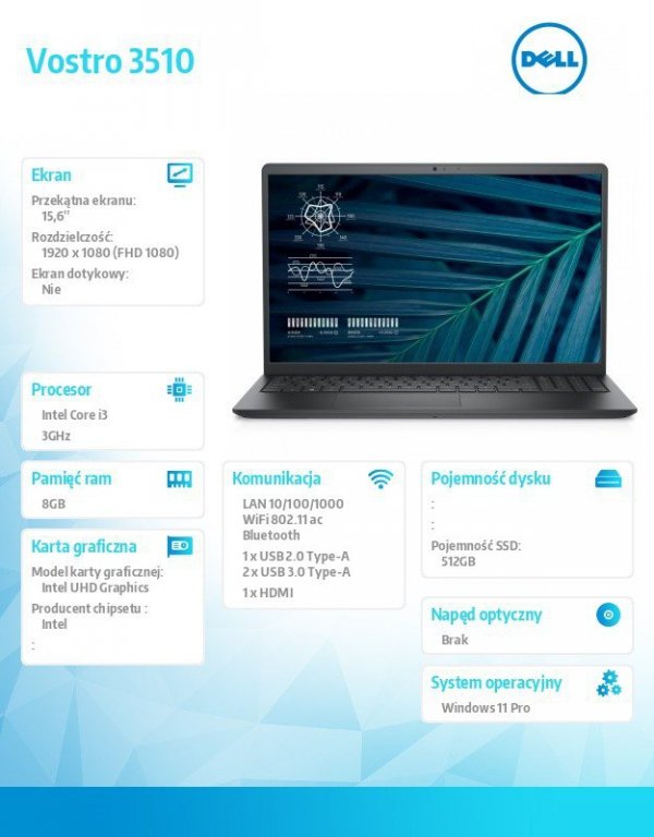Dell Notebook Vostro 3510 Win11Pro i3-1115G4/8GB/512GB SSD/15.6&quot; FHD/Intel UHD/FgrPr/Cam & Mic/WLAN + BT/Backlit Kb/3 Cell/