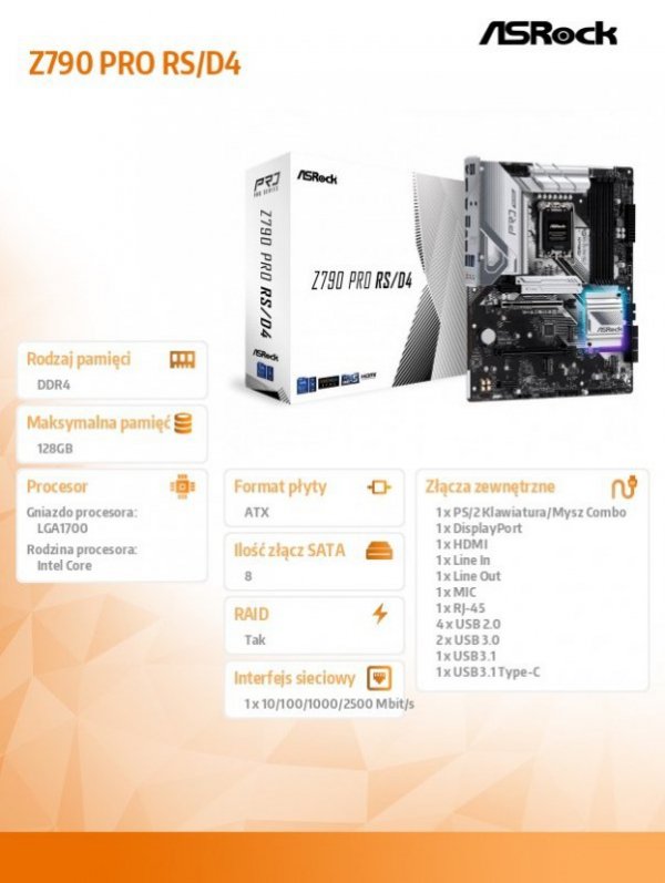 ASRock Płyta główna Z790 PRO RS/D4 s1700 4DDR4 HDMI M.2 ATX