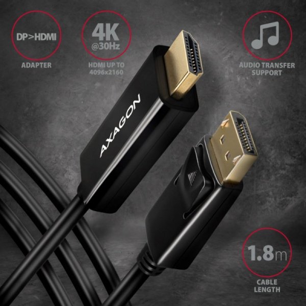 AXAGON RVD-HI14C2 Adapter aktywny DisplayPort -> HDMI 1.4, 4K/30Hz, kabel 1,8m