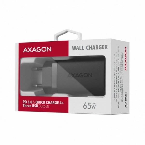 AXAGON ACU-DPQ65 Ładowarka sieciowa, GaN 65W, 3x port (USB-A + dual USB-C), PD3.0/QC4+/PPS/Apple, czarna