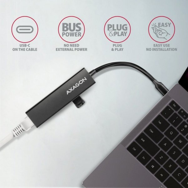 AXAGON HMC-GL3A Wieloportowy hub USB 4in1, 5Gbps, 3x USB-A + GLAN, 20cm USB-C kabel