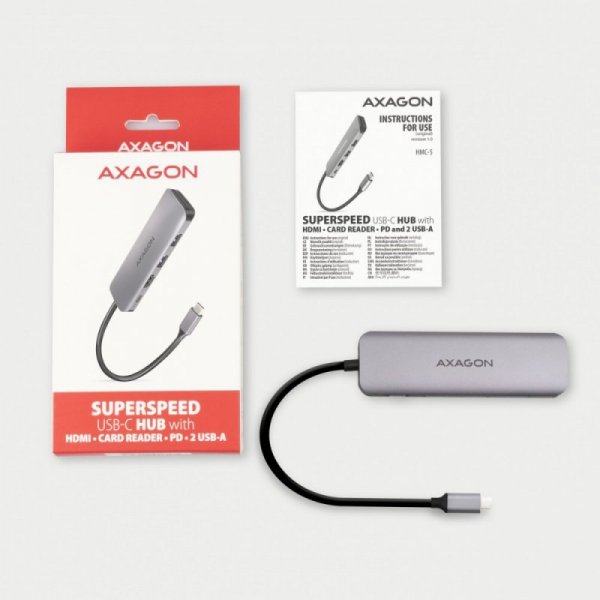 AXAGON HMC-5 Wieloportowy hub USB 5in1, 5Gbps, 2x USB-A, HDMI 4K/30Hz, SD/microSD, PD 100W, 20cm USB-C kabel