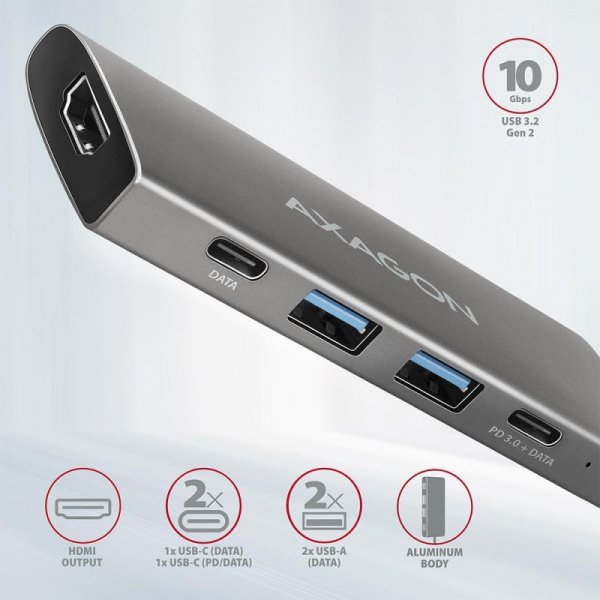 AXAGON HMC-5G2 Wieloportowy hub USB 5in1, 10Gbps, 2x USB-A + 2x USB-C + HDMI 4K/60Hz, PD 100W, 13cm USB-C kabel