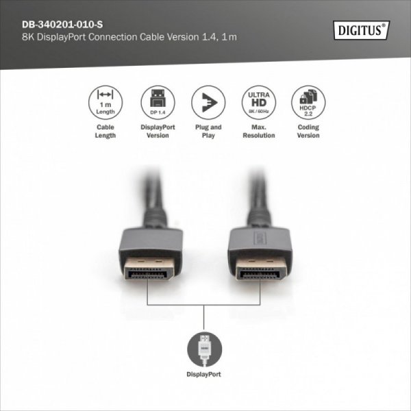 Digitus Kabel połączeniowy PREMIUM DisplayPort 8K60Hz UHD DP/DP M/M 1m Czarny