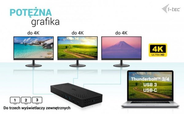 i-tec Stacja dokująca USB 3.0 / USB-C / Thunderbolt, 3 x 4K Gen 2 + zasilanie 100 W