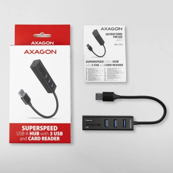 AXAGON HMA-CR3A Wieloportowy hub 3x USB-A + SD/microSD, USB3.2 Gen 1 hub, metalowy, 20cm USB-A kabel