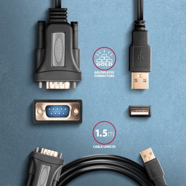 AXAGON ADS-1PQN Adapter USB 2.0 &gt; RS-232 Port szeregowy, 1,5m kabel, chip FTDI