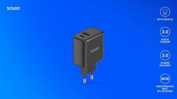 Savio Ładowarka sieciowa 30W Quick Charge, Power Delivery 3.0, LA-06/B