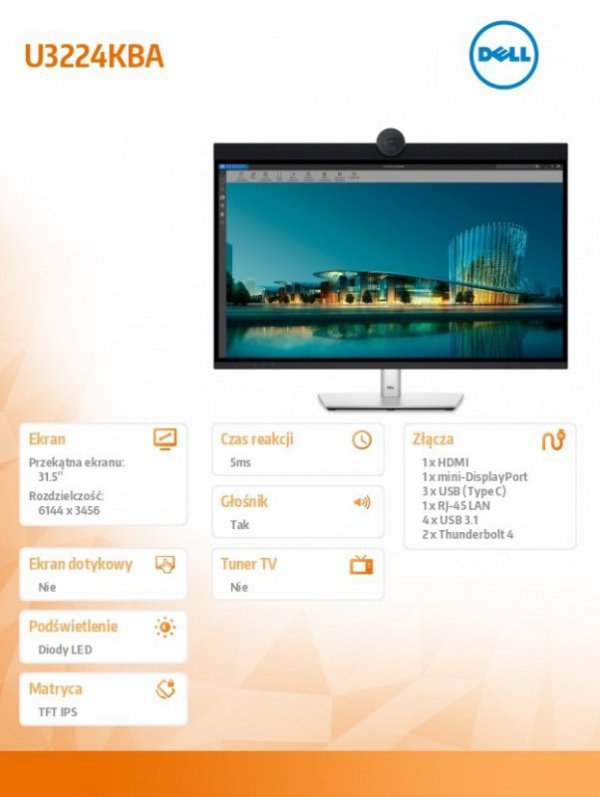 Dell Monitor U3224KBA 31,5&quot; IPS Black LED 6K 6144x3456/16:9/HDMI/miniDP/USB-C/USB/Thunderbolt/Kamera/Speakers/Mikrofon/3Y