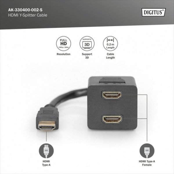 Digitus Kabel rozdzielacz/splitter HDMI HighSpeed 1080p 24Hz FHD Typ HDMI A/2xHDMI A M/Ż 0,2m Czarny