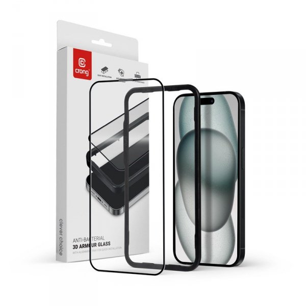 CRONG Szkło hartowane Anti-Bacterial 3D Armour Glass 9H na cały ekran iPhone 16 / iPhone 15 z ramką instalacyjną