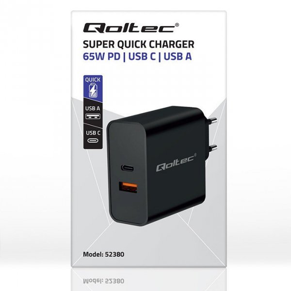 Qoltec Ładowarka Super Quick PD | 1xUSB-C | 1xUSB | 65W | 5-20V |       1.5-3.25A | Czarna