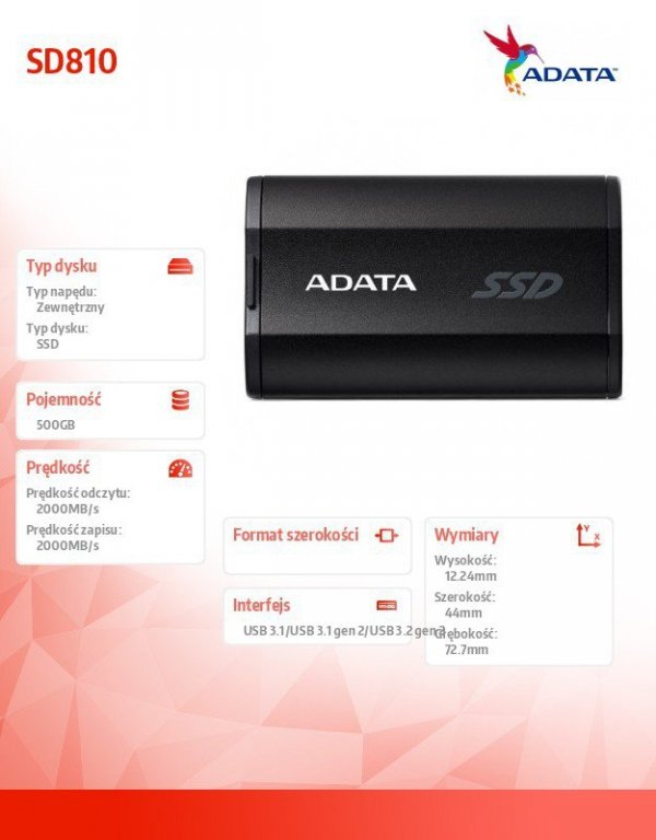 Adata Dysk SSD External SD810 500GB USB3.2 20Gb/s czarny