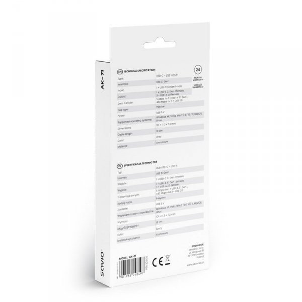 Savio Hub 4 porty USB-C - 3 x USB-A 2.0, 1 x USB-A 3.1 3.1 GEN 1, 5 Gbps, AK-71