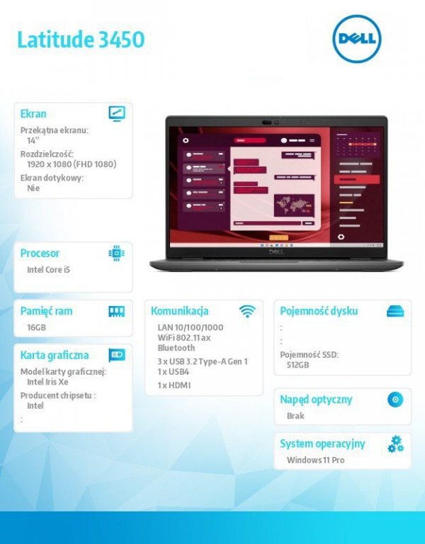 Dell Laptop Latitude 3450 Win11Pro i5-1345U/16GB/512GB SSD Gen4/14.0 FHD/Integrated/FgrPr/FHD/IR Cam/Mic/WLAN + BT/Backlit Kb/3 