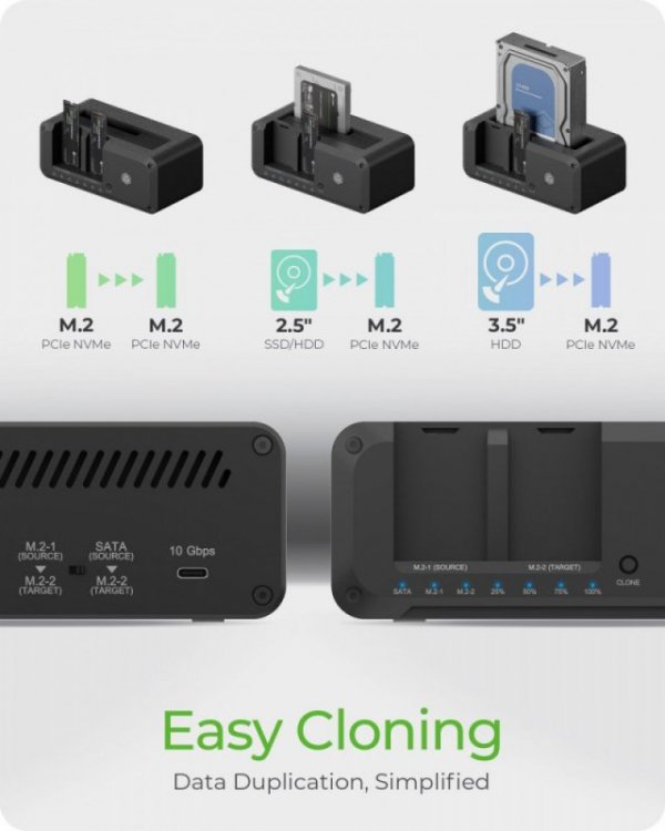 IcyBox Stacja dokująca IB-2924MSCL-C31 Docking & CloneStation                    1x 2,5&quot;/3,5&quot; do 1x M.2 NVMe & M.2 NVM