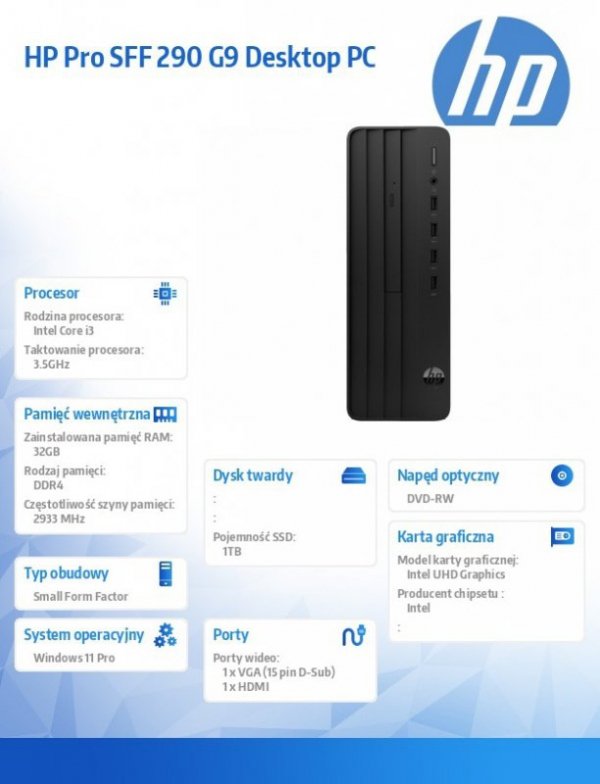 HP Inc. Komputer Pro SFF 290 G9 i3-14100 1TB/32GB/DVDRW/W11P A54Y1ET