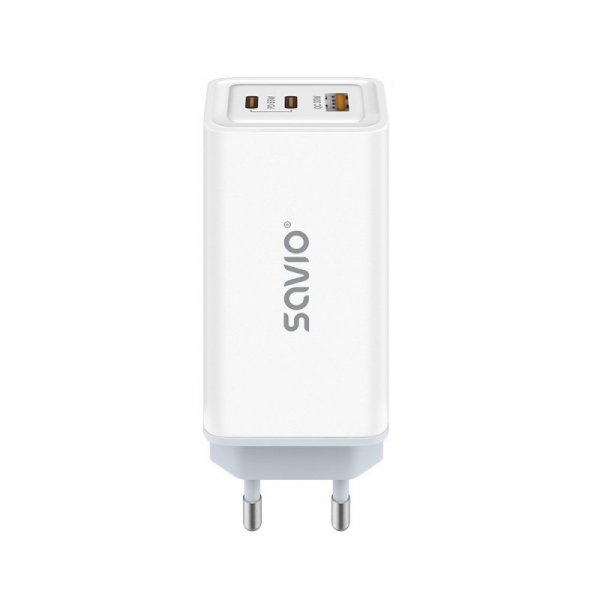Savio Ładowarka sieciowa 65W GaN LA-07 z kablem USB-A-USB typ C 1m, biała