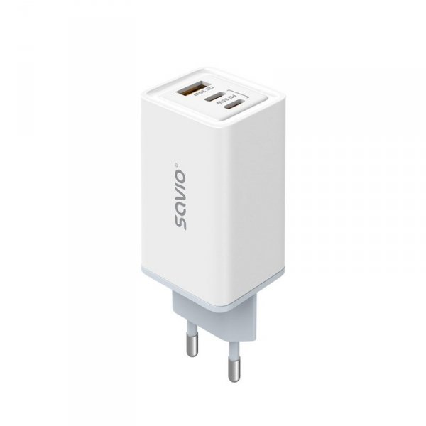 Savio Ładowarka sieciowa 65W GaN LA-07 z kablem USB-A-USB typ C 1m, biała