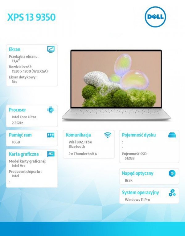 Dell Notebook XPS 13 9350 Win11Pro Ultra 7 256V/16GB/512GB SSD/13.4 FHD+ AntiGlare/Arc/FgrPr/FHD/IR Cam/Mic/WLAN + BT/Backlit Kb