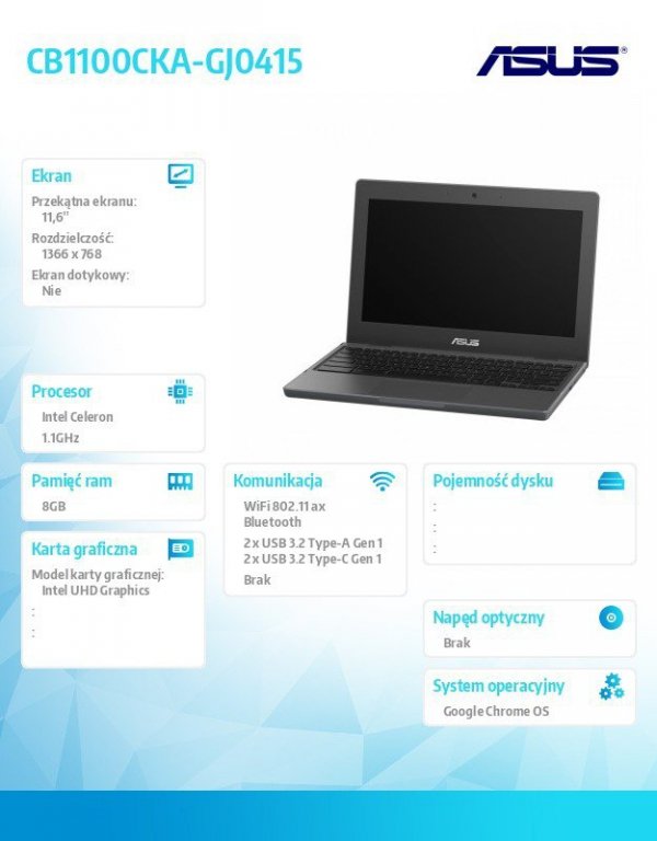 Asus Notebook Chromebook CB1100CKA-GJ0415 - Celeron N5100/8GB/64GB/11.6 cali/ChromeOS/5Y