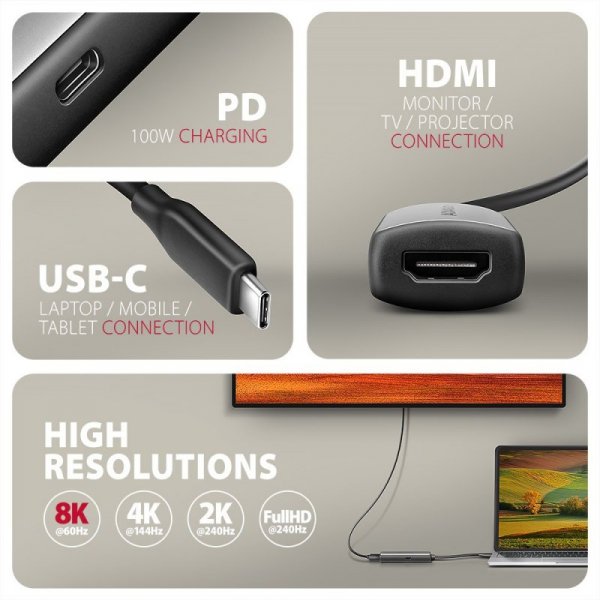 AXAGON RVC-HI8KPD Adapter aktywny USB-C -> HDMI 8K/60Hz, Aluminum, PD100W, 16cm kabel