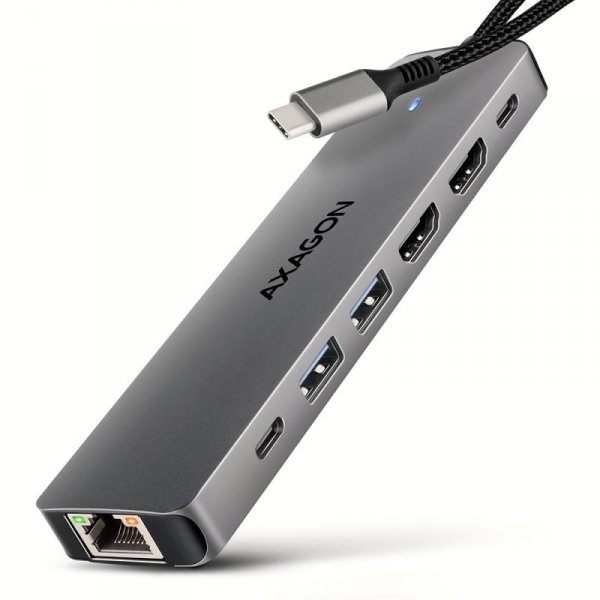 AXAGON HMC-7HX2 Wieloportovy hub USB 7in1, 5Gbps, 2x USB-A, 1x USB-C, 2x HDMI 4K/60Hz, GLAN, PD 100W, 15cm USB-C kabel