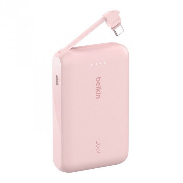 Belkin PowerBank BoostCharge 10k mAh 20w wbudowany kabel-C, port-C, różowy