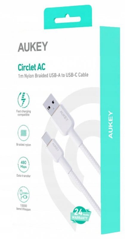AUKEY CB-NAC1 kabel USB-C - USB-A 1m 60W PD 3A 20V nylonowy oplot biały