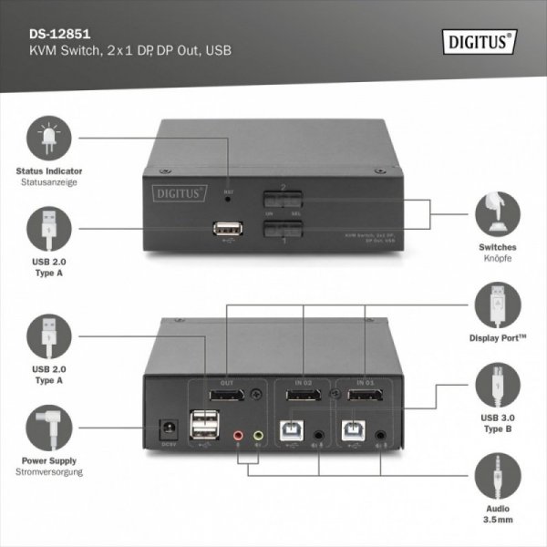 Digitus Przełącznik KVM, 2 portowy, 4K 60Hz, 2xDisplayPort IN, 1xDisplayPort OUT, 2xUSB, 2xAudio IN&OUT