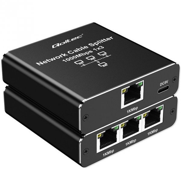 Qoltec Rozdzielacz Splitter Ethernet mini SWITCH 1x3 RJ45 | 1000Mb/s |  USB-C | Aluminium