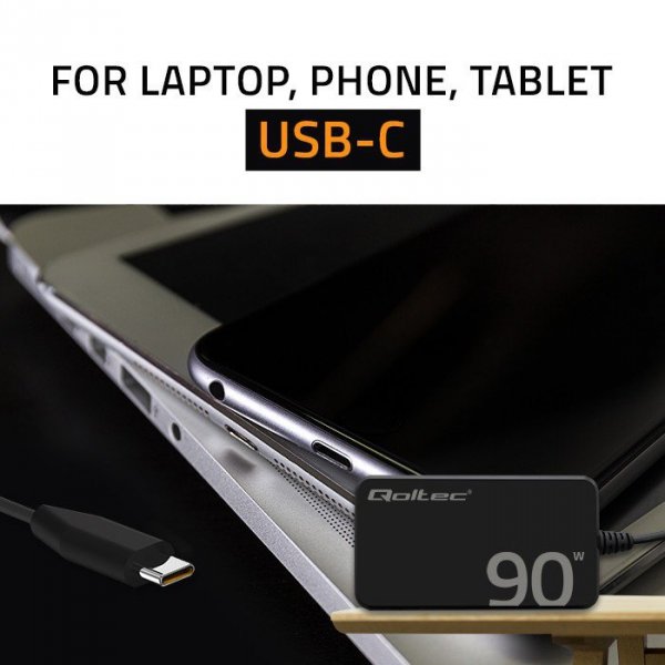 Qoltec Ładowarka sieciowa 90W GaN Fast SLIM | PD | 5-20V | 4.5A | USB-C 3.1 | Laptop | MacBook | Smartfon | +kabel