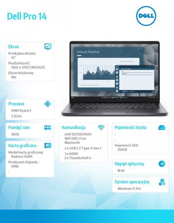 Dell Laptop Dell Pro 14 PC14255/AMD Ryzen 5 220/16GB/256GB CL35/14.0 FHD+/Radeon 740M/FgrPr/Cam & Mic/WLAN + BT/Backlit Kb/3 Cel