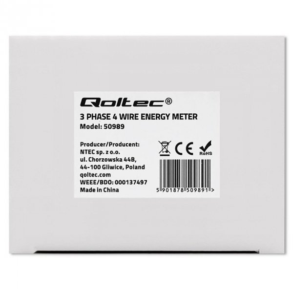 Qoltec Trójfazowy dwukierunkowy elektroniczny licznik | miernik zużycia energii na szynę DIN | 400V | 100A | LCD | 4P
