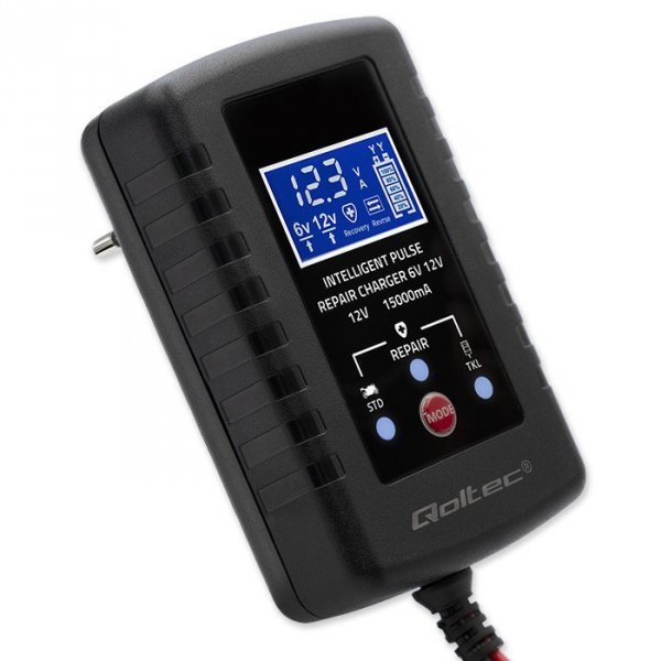 Qoltec Automatyczna ładowarka do akumulatora AGM GEL STD 6V/12V | 2A |  Prostownik z funkcją naprawy i wyświetlaczem LED