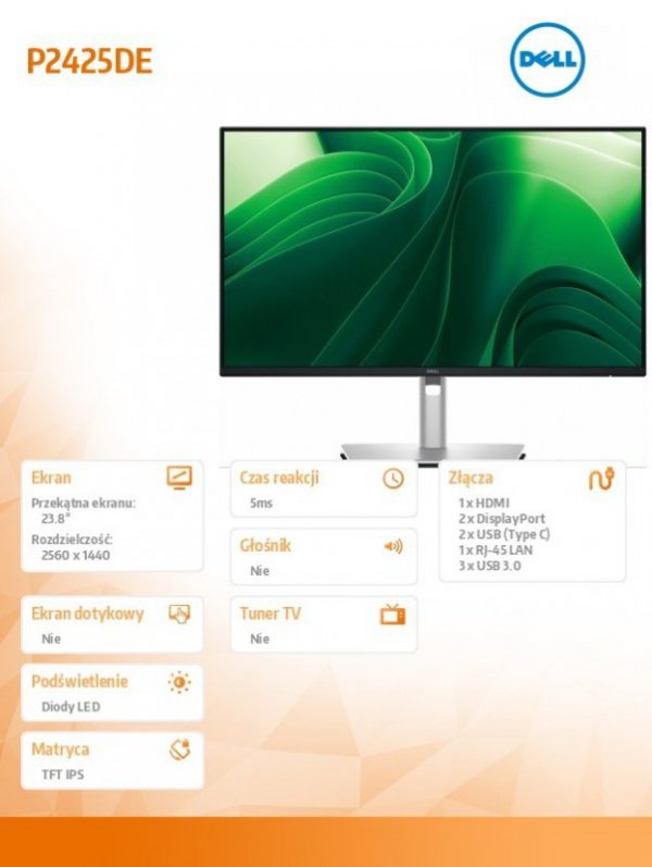 Dell Monitor 23.8 cala P2425DE IPS LED QHD (2560x1440)/16:9/HDMI/2xDP/2xUSB-C/3xUSB/3Y AES&PPG