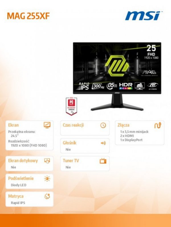 MSI Monitor MAG 255XF 24.5 cala/LED/FHD/Flat/300Hz/Black