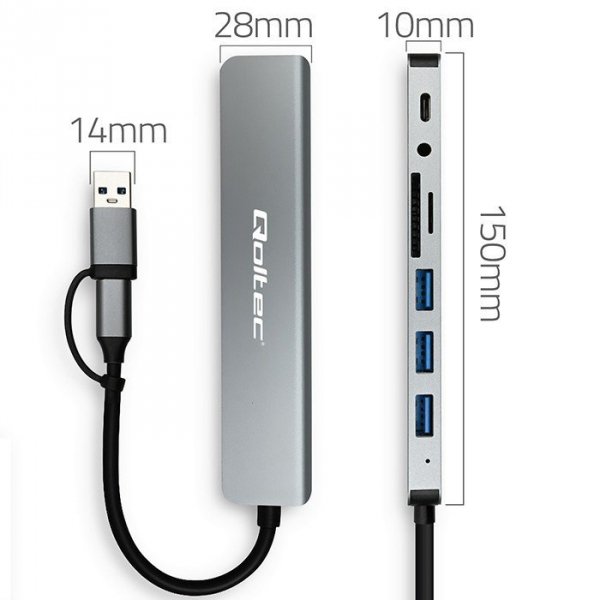 Qoltec HUB Adapter 8w1 USB-C/USB | USB-C | 4xUSB | SD/TF card | Jack    3.5mm TRRS