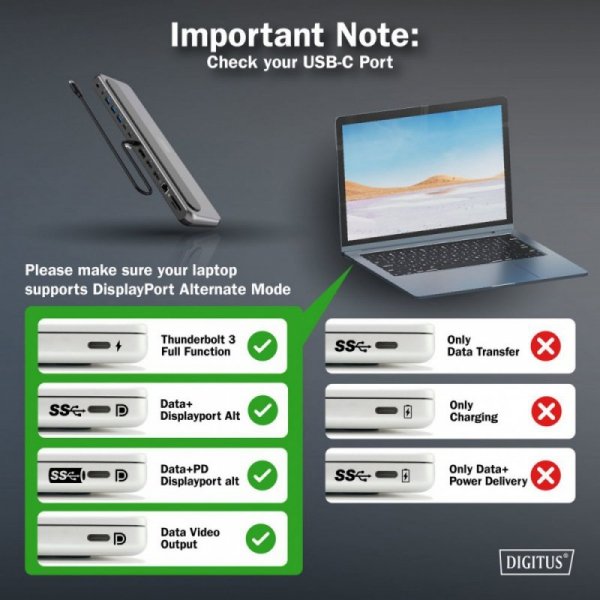 Digitus Stacja dokująca USB-C 12 portowa, max. 8K/30Hz z HDR, HDMI, DP, max. 3 monitory (MST), USB-C 3.2 Gen2, Gigabit Ethernet,