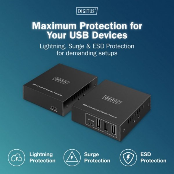 Digitus Przedłużacz (extender) po skrętce kat.6A  USB 3.1 Gen1 do 100m, 3x USB-A, 1x USB-C do 5 Gbps, 1x RJ45 (Gigabit Ethernet)