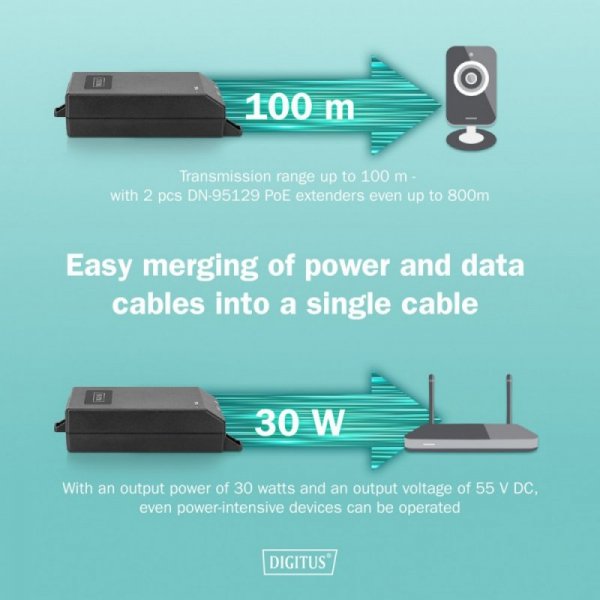 Digitus Zasilacz/Adapter PoE+ 802.3at aktywny max. 55V 30W 10/100/1000Mbps, transmisja do 100m
