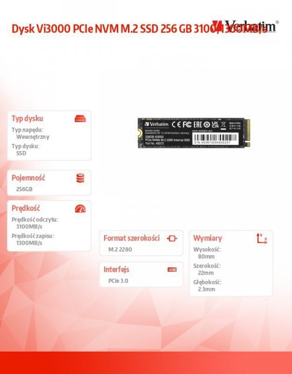Verbatim Dysk Vi3000 PCIe NVM M.2 SSD 256 GB 3100/1300MB/s
