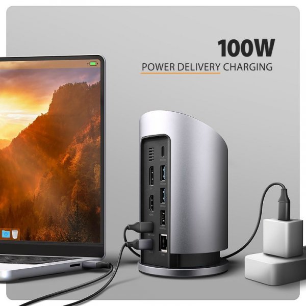 AXAGON HMC-WL9 Wieloportowy hub USB 9in1, 10Gbps, 3xUSB-A, 1xUSB-C, DP 8K/60Hz, HDMI 4K/60Hz, PD 100W, GLAN, 100cm USB-C kabel, 