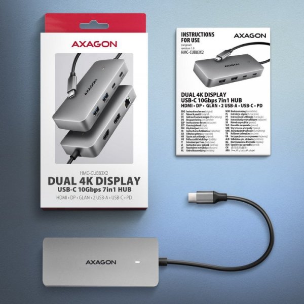 AXAGON HMC-CUB83X2 Wieloportovy hub USB 7in1, 10Gbps, 2x USB-A, 1x USB-C, 1x HDMI 4K/144Hz, DP 8K/30Hz, GLAN, PD 100W, 15cm USB-