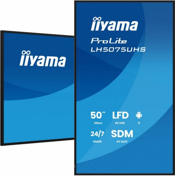 IIYAMA Monitor 50 cali LH5075UHS-B2AG,24/7,VA,ANDROID.11,4K,500cd,3xHDMI,DP, RJ45,2x10W,2xUSB,WiFi,4/32GB,24/7,A311D2, full dais
