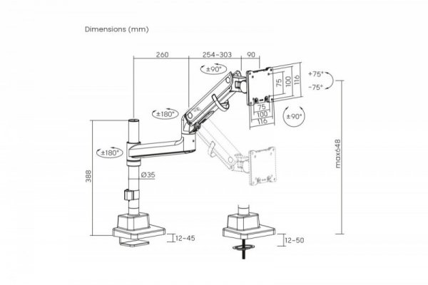 Digitus Ramię biurkowe pojedyncze z zaciskiem i sprężyną gazową 1x LCD max. 57" 27kg, VESA: 75x75, 100x100, czarne