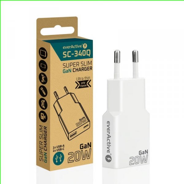 everActive Ładowarka sieciowa SUPER SLIM QC 3.0 20W 1XUSB 1XUSB-C biała SC-340Q