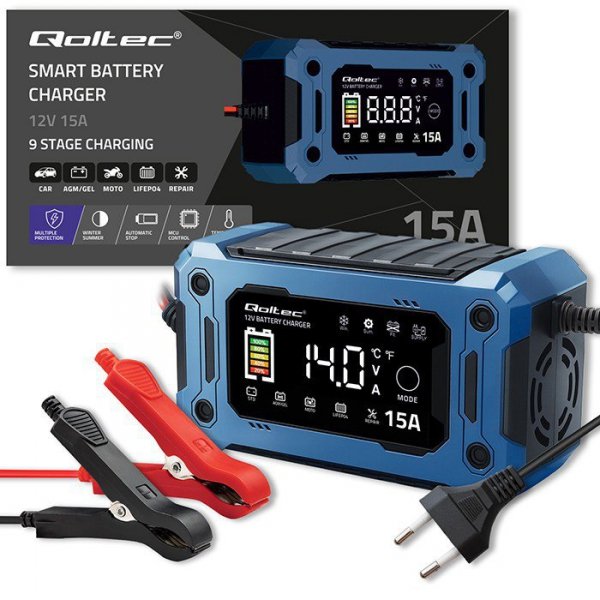 Qoltec Mikroprocesorowa ładowarka 12V 15A | Prostownik z funkcją naprawy i podtrzymania zasilania podczas wymiany akumulatora | 