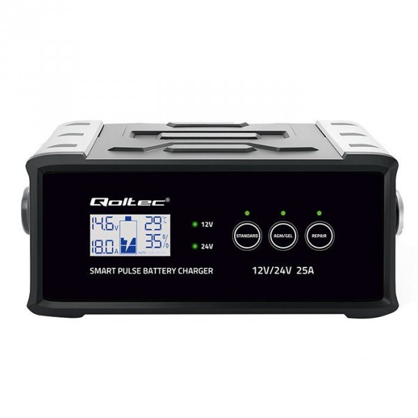 Qoltec Mikroprocesorowa ładowarka 12V 24V 25A | Prostownik z funkcją naprawy do akumulatora AGM GEL SLA | LCD